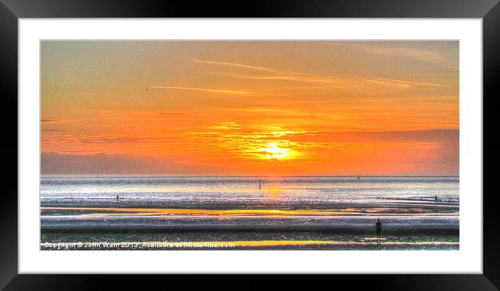 Anthony Gormleys Another Place at Sunset Framed Mounted Print by John Wain