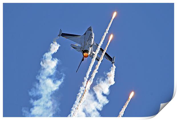 F-16 firing flare Print by Rachel & Martin Pics