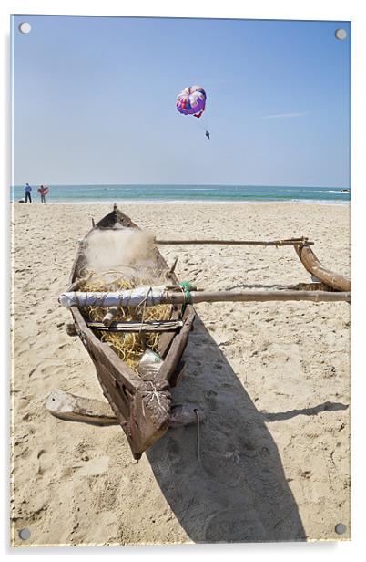 Goa, beach, bathers and gliders Acrylic by Arfabita  