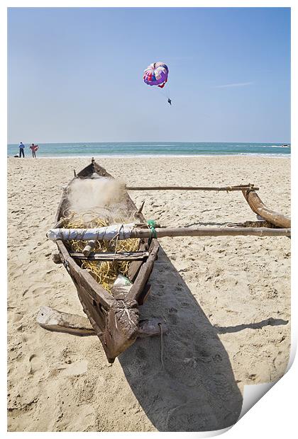Goa, beach, bathers and gliders Print by Arfabita  