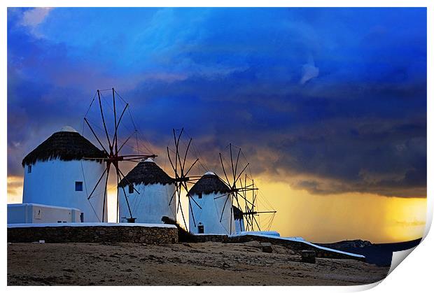 Windmills Mykonos Print by Michael Marker