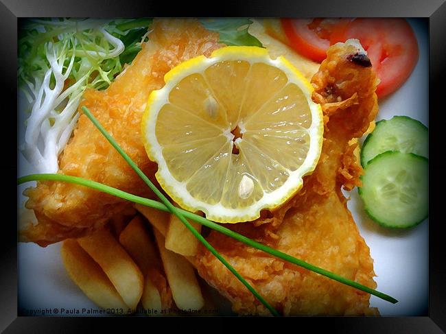 Beer battered fish and chips! Framed Print by Paula Palmer canvas