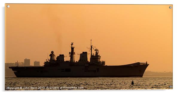 HMS Illustrious Leaving Liverpool at Sunset Acrylic by John Wain