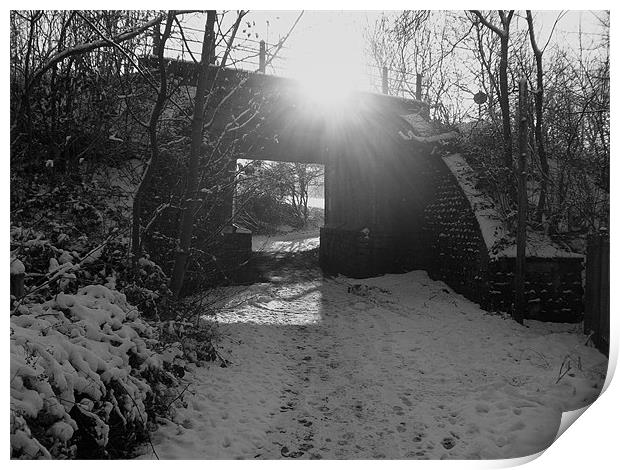 black and white train bridge Print by jonny england