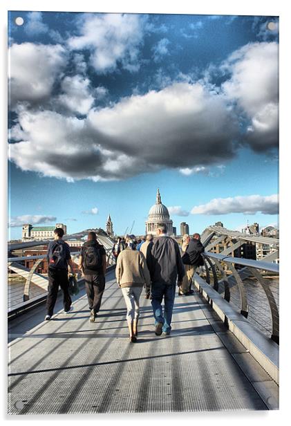 A walk across Millenium Bridge London Acrylic by HELEN PARKER