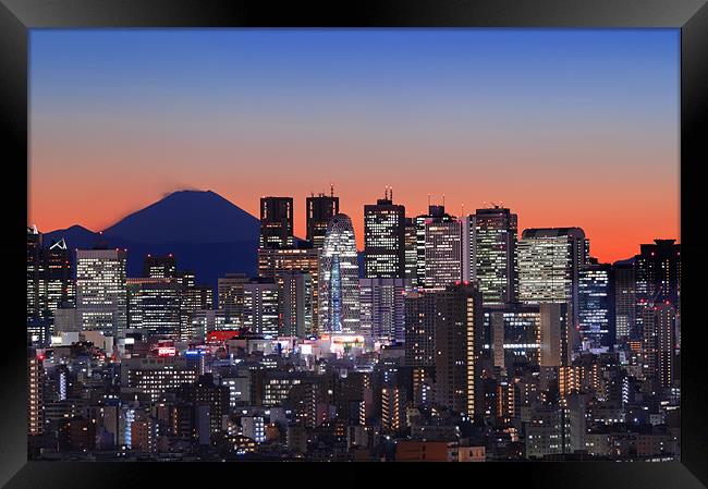 Mt Fuji With Shinjuku Skyscrapers Framed Print by Duane Walker