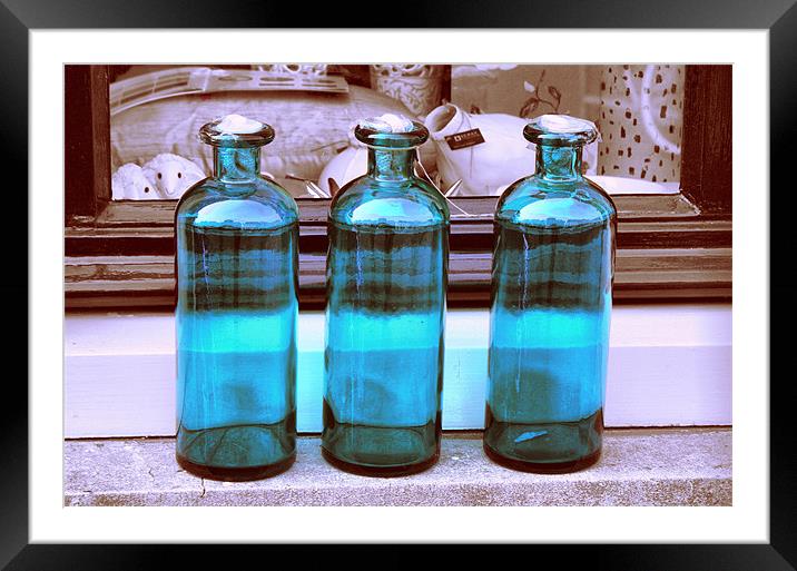 THREE BLUE BOTTLES Framed Mounted Print by HELEN PARKER