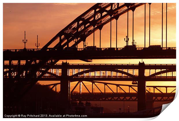 Newcastle Bridges at Sunset Print by Ray Pritchard