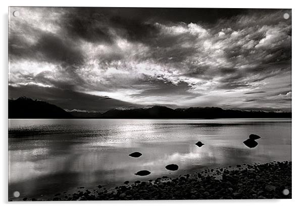 Sunset Lake Te Anau NZ in Monochrome Acrylic by Maggie McCall