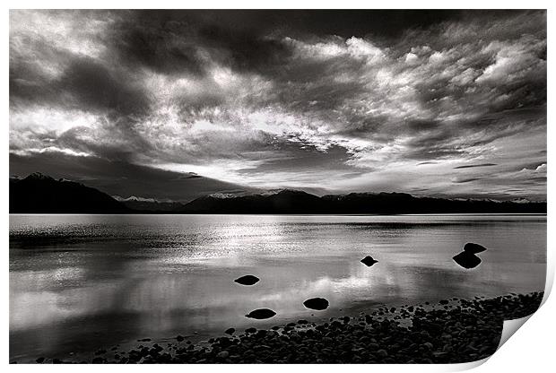 Sunset Lake Te Anau NZ in Monochrome Print by Maggie McCall