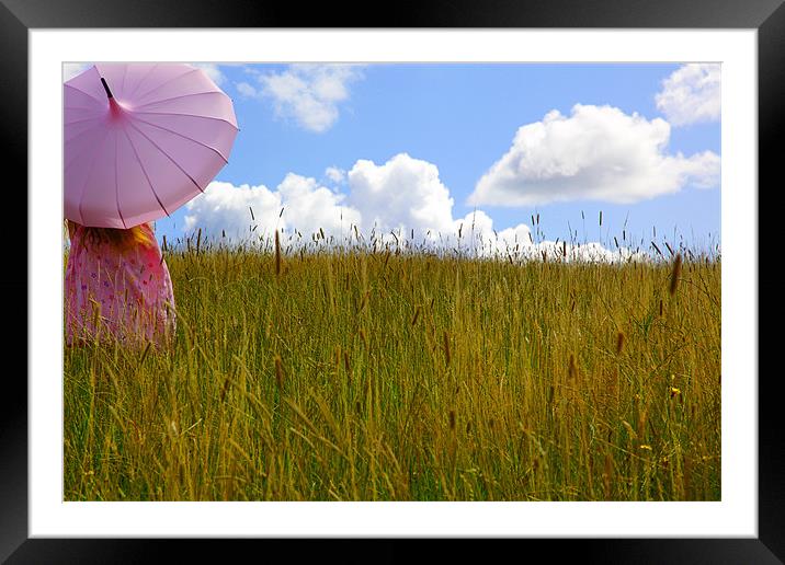 Pink Umbrella in the Hay Framed Mounted Print by Maggie McCall