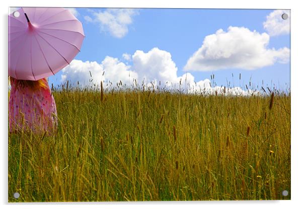 Pink Umbrella in the Hay Acrylic by Maggie McCall