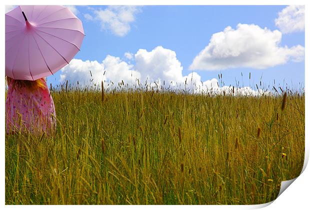 Pink Umbrella in the Hay Print by Maggie McCall