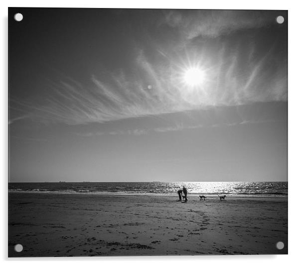 A Winters Beach - Man & Dog Acrylic by Ian Johnston  LRPS