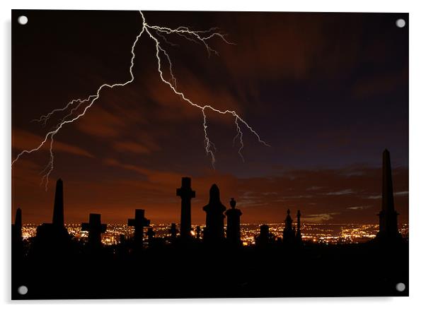 Lightening Strikes Over The Graveyard Acrylic by Sandi-Cockayne ADPS
