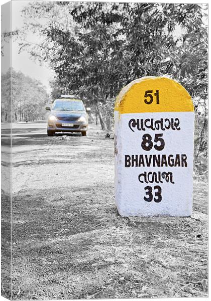 MPV and 85 kilometers to Bhavnagar milestone Canvas Print by Arfabita  