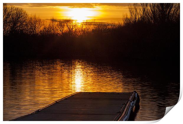 Sunset over lake from pontoon Print by Simon West