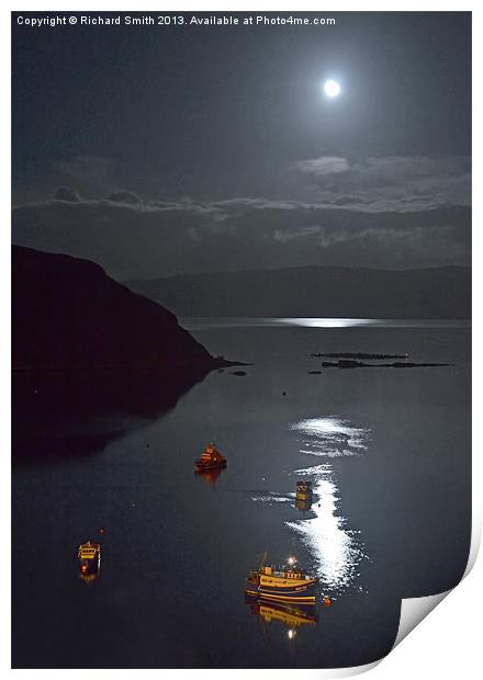 Moon reflections on Loch Portree Print by Richard Smith