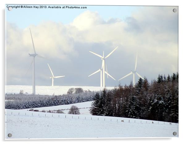Wind Turbines in Snow Acrylic by Aileen Hay