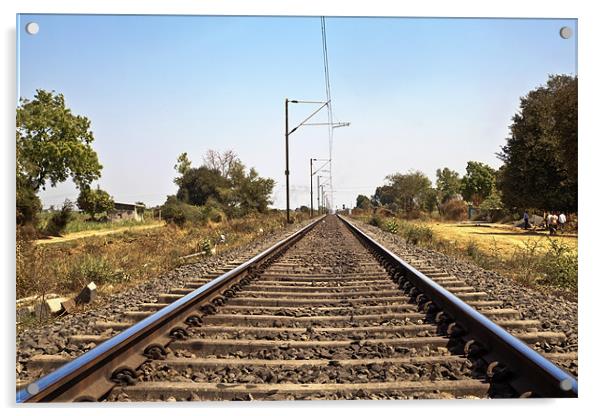 Indian Railroad track with overhead cables Acrylic by Arfabita  