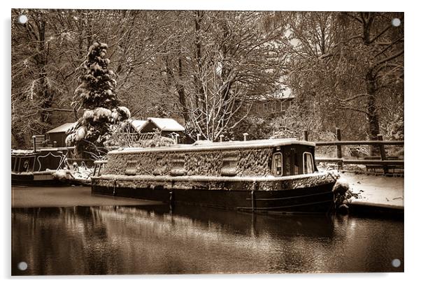 Frozen Narrowboat, Kintbury, Berkshire, England, U Acrylic by Mark Llewellyn