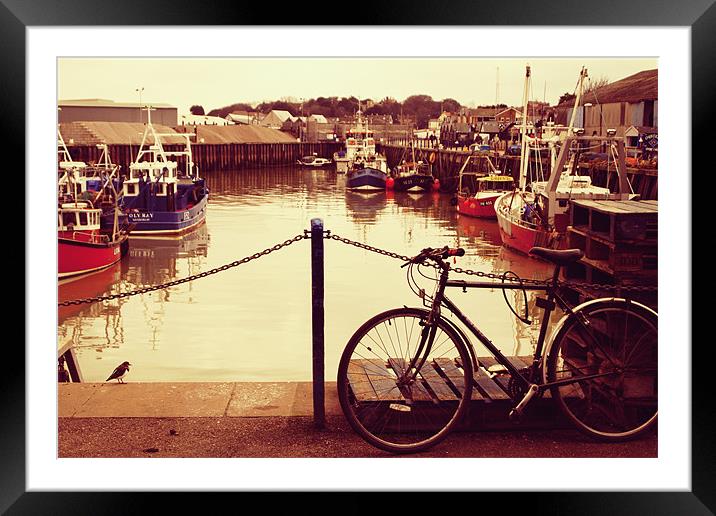 Whitstable Boats, Bike and Bird Framed Mounted Print by Karen Slade