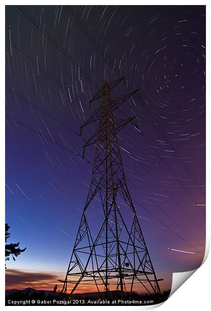 Power line and star trails Print by Gabor Pozsgai