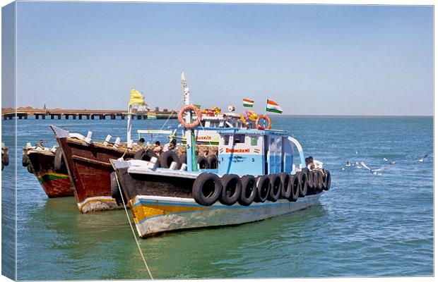 At Bet Dwarka Pier Gulls think Fishing Boats Canvas Print by Arfabita  