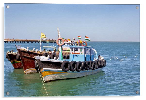 At Bet Dwarka Pier Gulls think Fishing Boats Acrylic by Arfabita  
