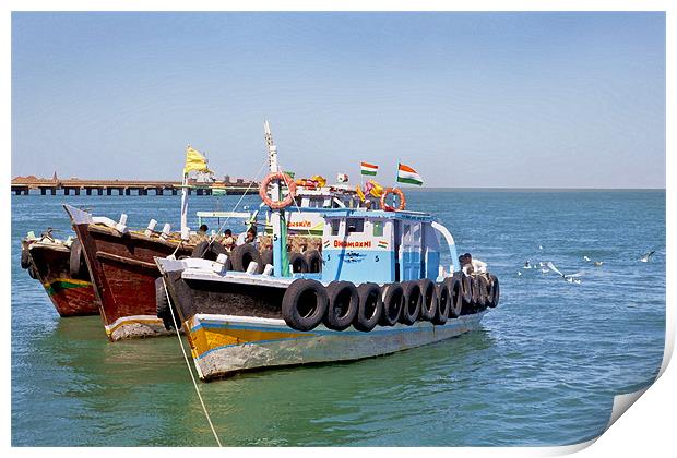 At Bet Dwarka Pier Gulls think Fishing Boats Print by Arfabita  