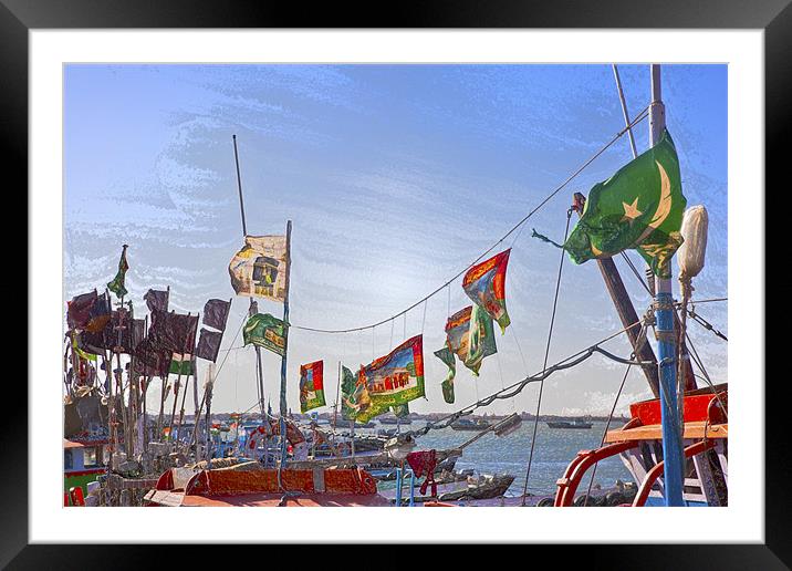 Flag waving boats at Bet Dwarka Framed Mounted Print by Arfabita  