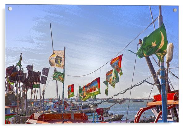 Flag waving boats at Bet Dwarka Acrylic by Arfabita  