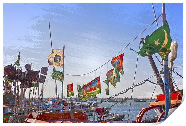 Flag waving boats at Bet Dwarka Print by Arfabita  
