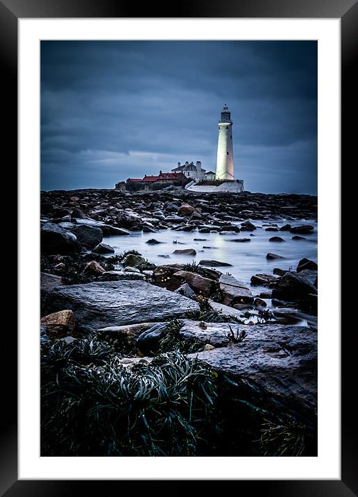 Darkness Falls on St Marys Lighthouse Framed Mounted Print by John Shahabeddin