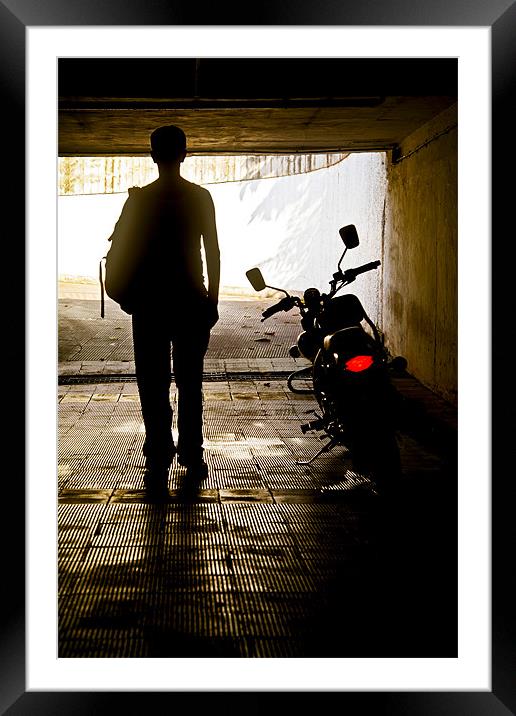 Man in dark place with a monster Framed Mounted Print by Arfabita  