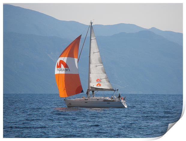Youht with orange sail Print by Rodney Leith