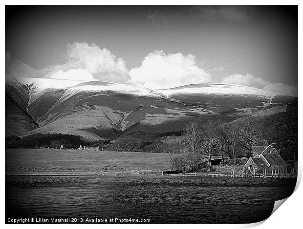 Snow capped mountains at Keswick. Print by Lilian Marshall