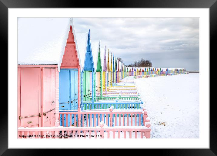 Mersea Huts In The Snow. Framed Mounted Print by barry jones