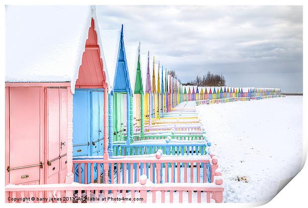 Mersea Huts In The Snow. Print by barry jones