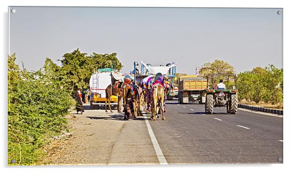Road congestion Pedestrians Camel Caravan Tractor  Acrylic by Arfabita  