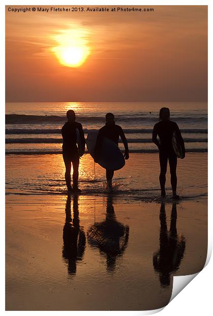 Surfers at Sunset Print by Mary Fletcher