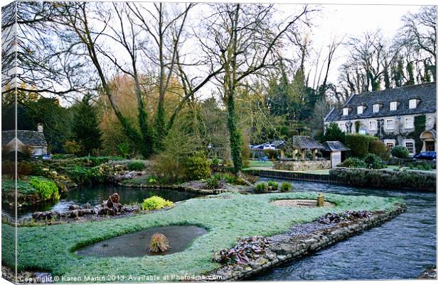 Bibury Trout Farm and The Swan Hotel Canvas Print by Karen Martin