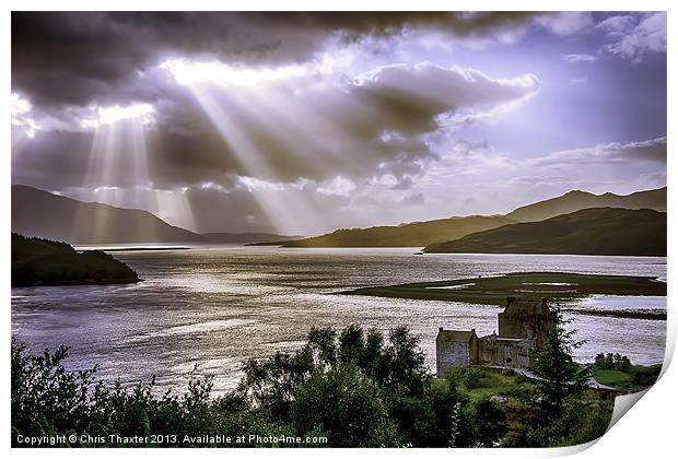 Sun Rays over Eilean Donan Castle Print by Chris Thaxter