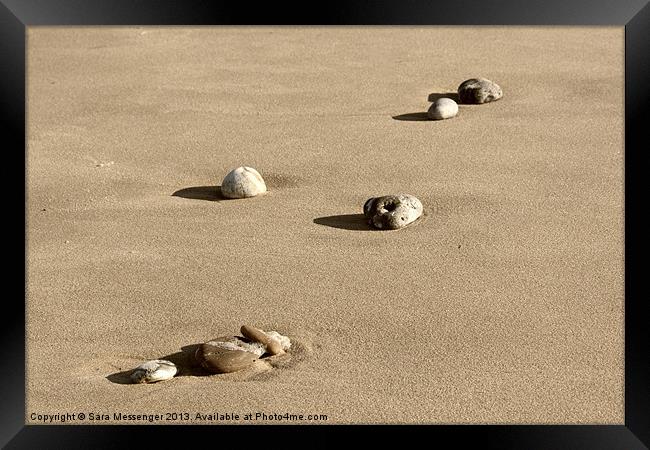 Pebbles in the sand Framed Print by Sara Messenger
