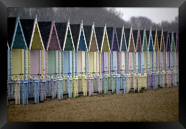 Winter Beach Huts Framed Print by Darren Burroughs
