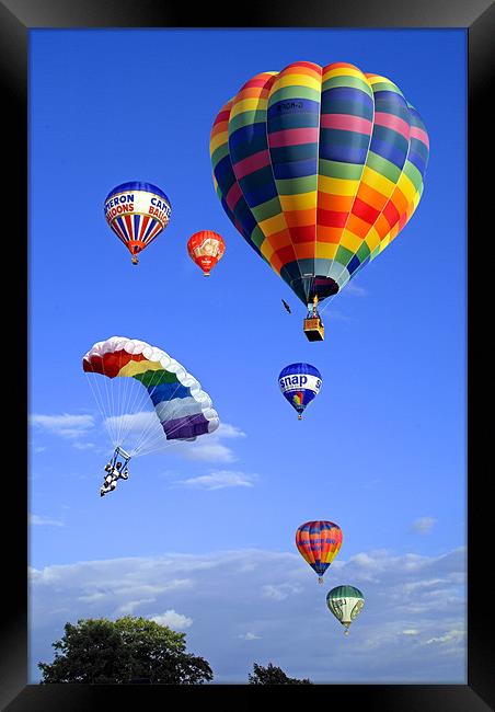 Balloons and Parachutist Framed Print by Peter Cope