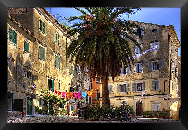 Washing Lines in Corfu Town Framed Print by Tom Gomez
