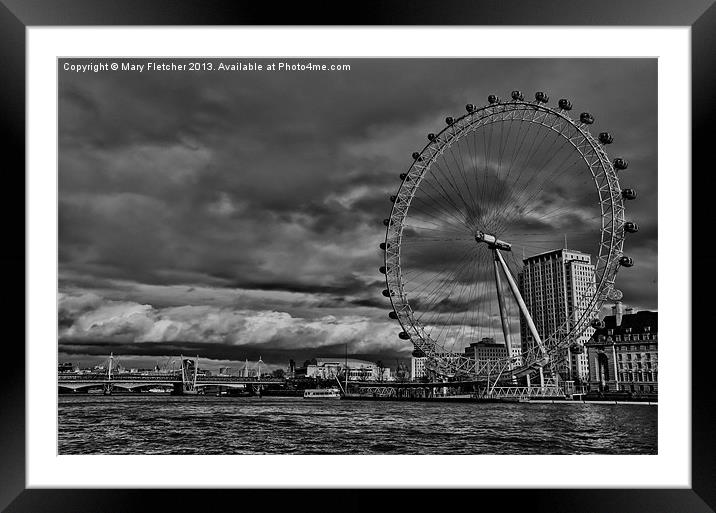 London Eye in Black and White Framed Mounted Print by Mary Fletcher