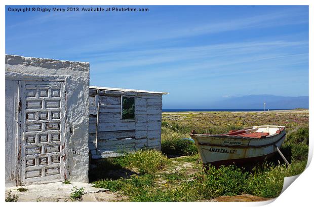 Old fishing boat and sheds Print by Digby Merry