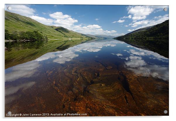 Still clear waters of Loch Arkaig. Acrylic by John Cameron